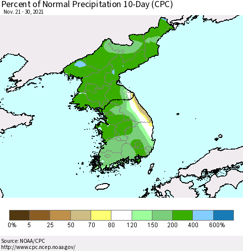 Korea Percent of Normal Precipitation 10-Day (CPC) Thematic Map For 11/21/2021 - 11/30/2021