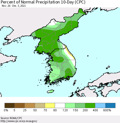 Korea Percent of Normal Precipitation 10-Day (CPC) Thematic Map For 11/26/2021 - 12/5/2021