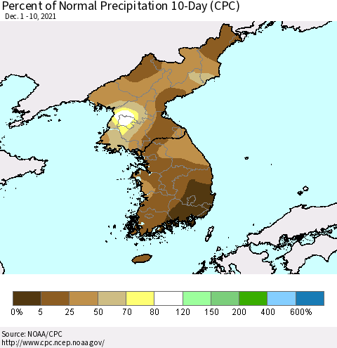 Korea Percent of Normal Precipitation 10-Day (CPC) Thematic Map For 12/1/2021 - 12/10/2021