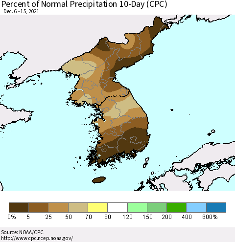 Korea Percent of Normal Precipitation 10-Day (CPC) Thematic Map For 12/6/2021 - 12/15/2021