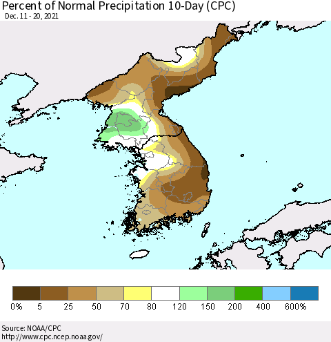 Korea Percent of Normal Precipitation 10-Day (CPC) Thematic Map For 12/11/2021 - 12/20/2021