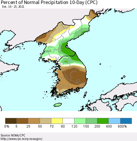 Korea Percent of Normal Precipitation 10-Day (CPC) Thematic Map For 12/16/2021 - 12/25/2021