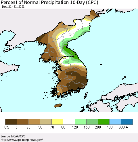 Korea Percent of Normal Precipitation 10-Day (CPC) Thematic Map For 12/21/2021 - 12/31/2021