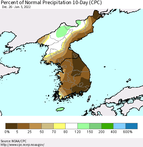 Korea Percent of Normal Precipitation 10-Day (CPC) Thematic Map For 12/26/2021 - 1/5/2022