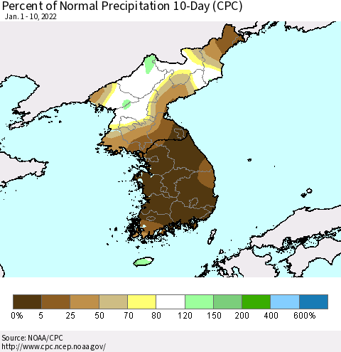 Korea Percent of Normal Precipitation 10-Day (CPC) Thematic Map For 1/1/2022 - 1/10/2022