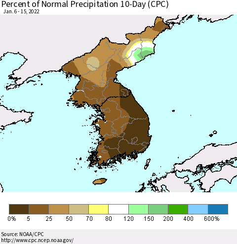 Korea Percent of Normal Precipitation 10-Day (CPC) Thematic Map For 1/6/2022 - 1/15/2022