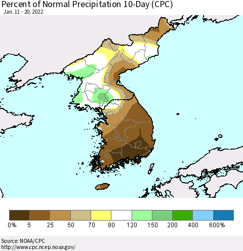 Korea Percent of Normal Precipitation 10-Day (CPC) Thematic Map For 1/11/2022 - 1/20/2022