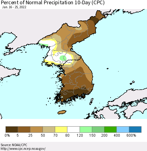 Korea Percent of Normal Precipitation 10-Day (CPC) Thematic Map For 1/16/2022 - 1/25/2022