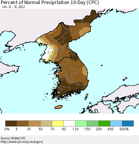 Korea Percent of Normal Precipitation 10-Day (CPC) Thematic Map For 1/21/2022 - 1/31/2022