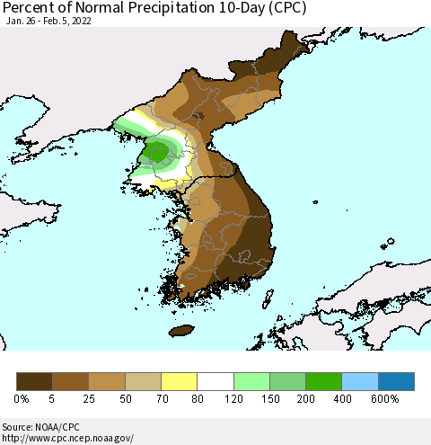 Korea Percent of Normal Precipitation 10-Day (CPC) Thematic Map For 1/26/2022 - 2/5/2022