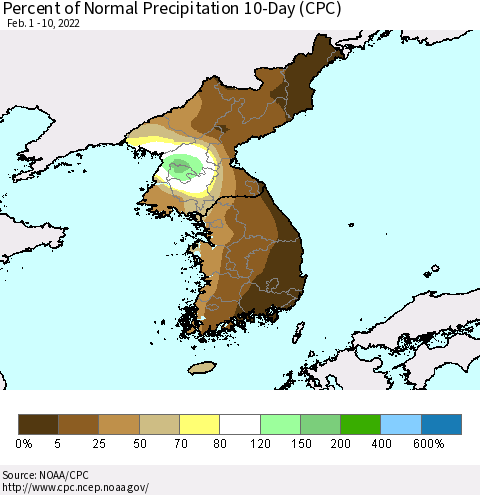 Korea Percent of Normal Precipitation 10-Day (CPC) Thematic Map For 2/1/2022 - 2/10/2022