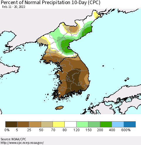 Korea Percent of Normal Precipitation 10-Day (CPC) Thematic Map For 2/11/2022 - 2/20/2022