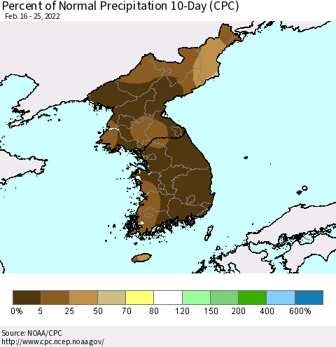 Korea Percent of Normal Precipitation 10-Day (CPC) Thematic Map For 2/16/2022 - 2/25/2022