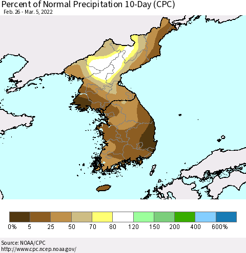 Korea Percent of Normal Precipitation 10-Day (CPC) Thematic Map For 2/26/2022 - 3/5/2022