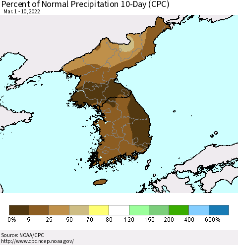 Korea Percent of Normal Precipitation 10-Day (CPC) Thematic Map For 3/1/2022 - 3/10/2022