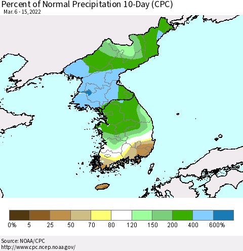 Korea Percent of Normal Precipitation 10-Day (CPC) Thematic Map For 3/6/2022 - 3/15/2022
