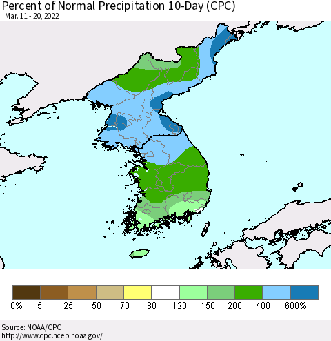 Korea Percent of Normal Precipitation 10-Day (CPC) Thematic Map For 3/11/2022 - 3/20/2022