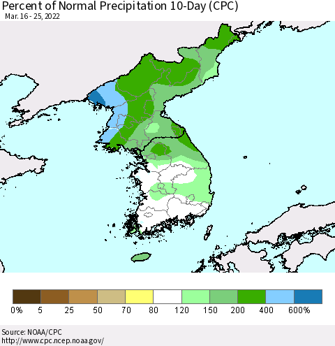 Korea Percent of Normal Precipitation 10-Day (CPC) Thematic Map For 3/16/2022 - 3/25/2022