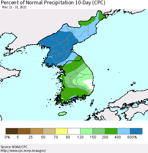 Korea Percent of Normal Precipitation 10-Day (CPC) Thematic Map For 3/21/2022 - 3/31/2022