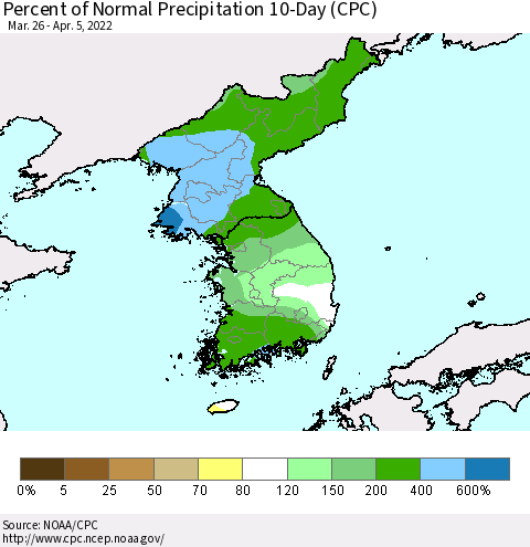 Korea Percent of Normal Precipitation 10-Day (CPC) Thematic Map For 3/26/2022 - 4/5/2022