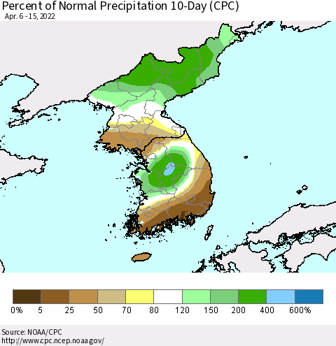 Korea Percent of Normal Precipitation 10-Day (CPC) Thematic Map For 4/6/2022 - 4/15/2022
