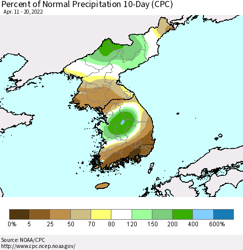 Korea Percent of Normal Precipitation 10-Day (CPC) Thematic Map For 4/11/2022 - 4/20/2022