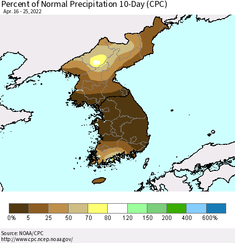 Korea Percent of Normal Precipitation 10-Day (CPC) Thematic Map For 4/16/2022 - 4/25/2022