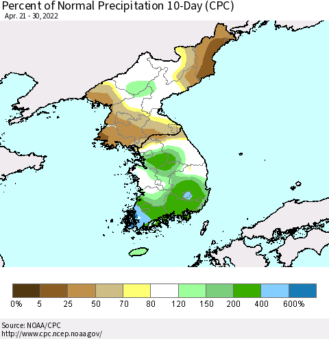 Korea Percent of Normal Precipitation 10-Day (CPC) Thematic Map For 4/21/2022 - 4/30/2022