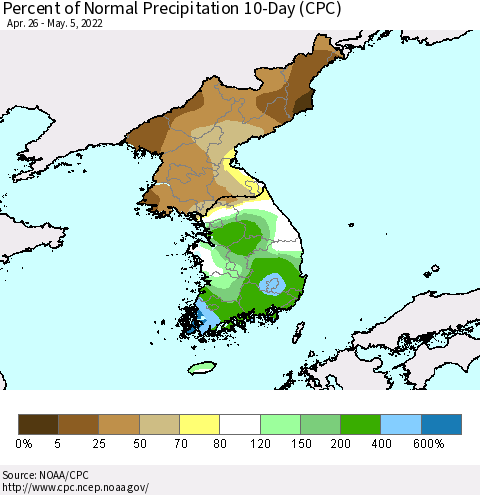 Korea Percent of Normal Precipitation 10-Day (CPC) Thematic Map For 4/26/2022 - 5/5/2022