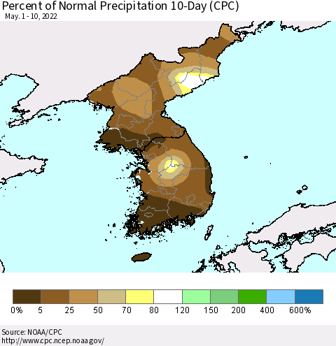 Korea Percent of Normal Precipitation 10-Day (CPC) Thematic Map For 5/1/2022 - 5/10/2022