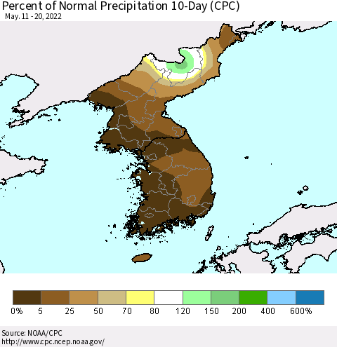 Korea Percent of Normal Precipitation 10-Day (CPC) Thematic Map For 5/11/2022 - 5/20/2022