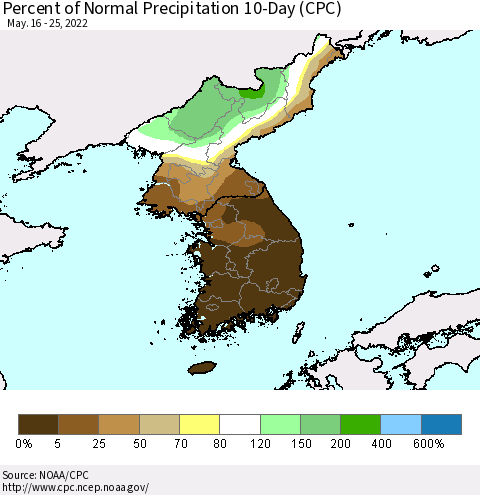 Korea Percent of Normal Precipitation 10-Day (CPC) Thematic Map For 5/16/2022 - 5/25/2022
