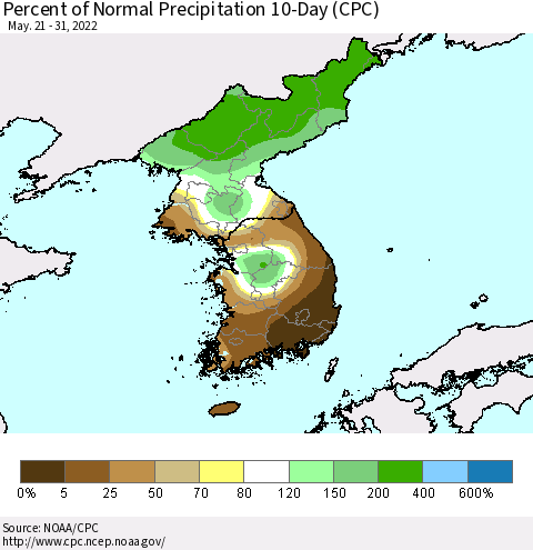 Korea Percent of Normal Precipitation 10-Day (CPC) Thematic Map For 5/21/2022 - 5/31/2022