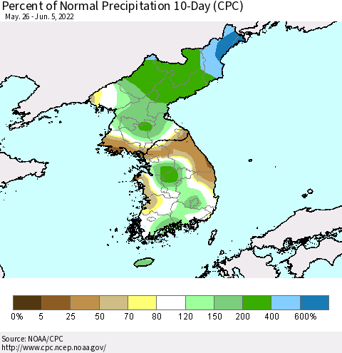 Korea Percent of Normal Precipitation 10-Day (CPC) Thematic Map For 5/26/2022 - 6/5/2022