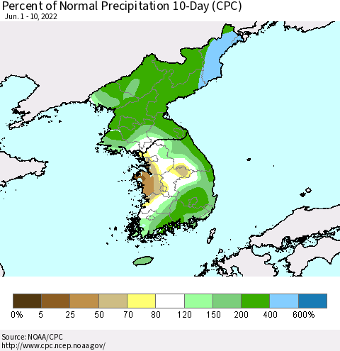 Korea Percent of Normal Precipitation 10-Day (CPC) Thematic Map For 6/1/2022 - 6/10/2022
