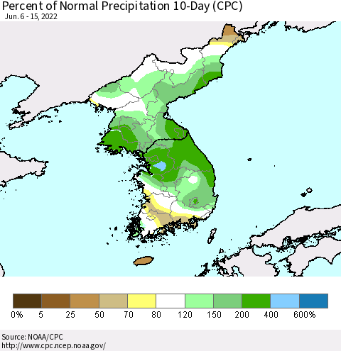 Korea Percent of Normal Precipitation 10-Day (CPC) Thematic Map For 6/6/2022 - 6/15/2022