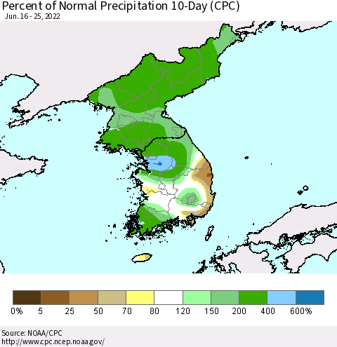 Korea Percent of Normal Precipitation 10-Day (CPC) Thematic Map For 6/16/2022 - 6/25/2022