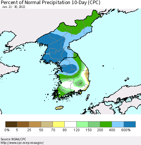 Korea Percent of Normal Precipitation 10-Day (CPC) Thematic Map For 6/21/2022 - 6/30/2022