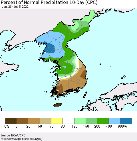 Korea Percent of Normal Precipitation 10-Day (CPC) Thematic Map For 6/26/2022 - 7/5/2022