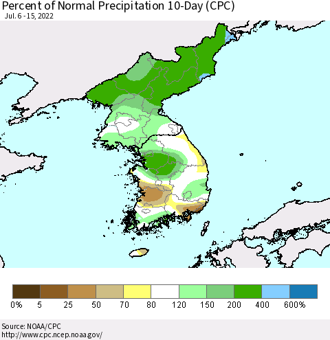 Korea Percent of Normal Precipitation 10-Day (CPC) Thematic Map For 7/6/2022 - 7/15/2022