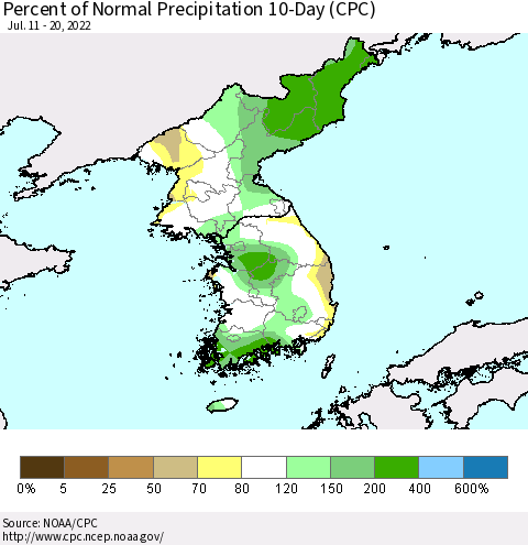 Korea Percent of Normal Precipitation 10-Day (CPC) Thematic Map For 7/11/2022 - 7/20/2022