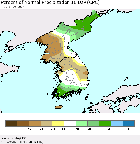 Korea Percent of Normal Precipitation 10-Day (CPC) Thematic Map For 7/16/2022 - 7/25/2022