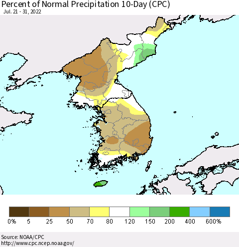 Korea Percent of Normal Precipitation 10-Day (CPC) Thematic Map For 7/21/2022 - 7/31/2022