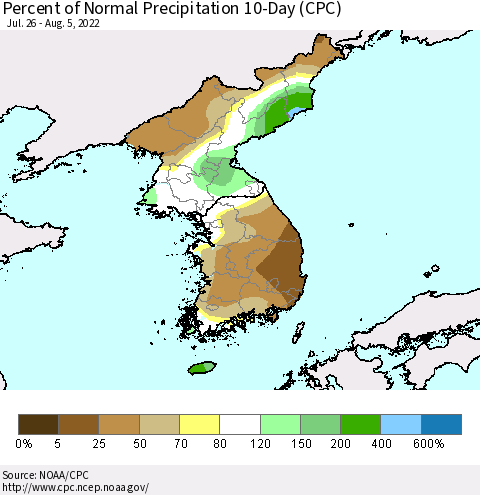Korea Percent of Normal Precipitation 10-Day (CPC) Thematic Map For 7/26/2022 - 8/5/2022