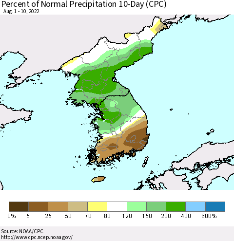Korea Percent of Normal Precipitation 10-Day (CPC) Thematic Map For 8/1/2022 - 8/10/2022