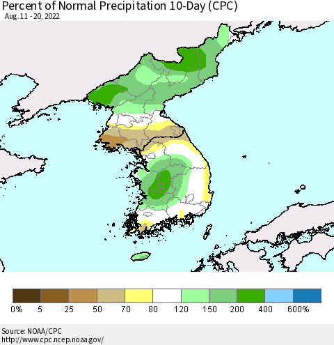 Korea Percent of Normal Precipitation 10-Day (CPC) Thematic Map For 8/11/2022 - 8/20/2022