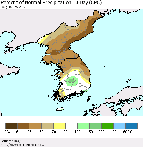 Korea Percent of Normal Precipitation 10-Day (CPC) Thematic Map For 8/16/2022 - 8/25/2022