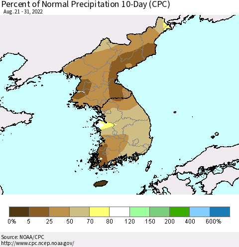 Korea Percent of Normal Precipitation 10-Day (CPC) Thematic Map For 8/21/2022 - 8/31/2022