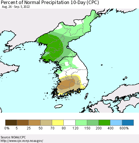 Korea Percent of Normal Precipitation 10-Day (CPC) Thematic Map For 8/26/2022 - 9/5/2022