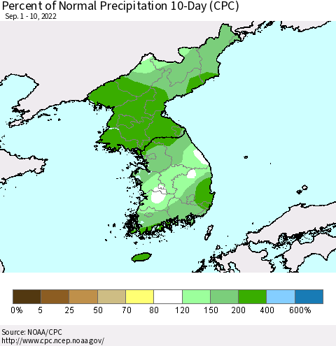 Korea Percent of Normal Precipitation 10-Day (CPC) Thematic Map For 9/1/2022 - 9/10/2022